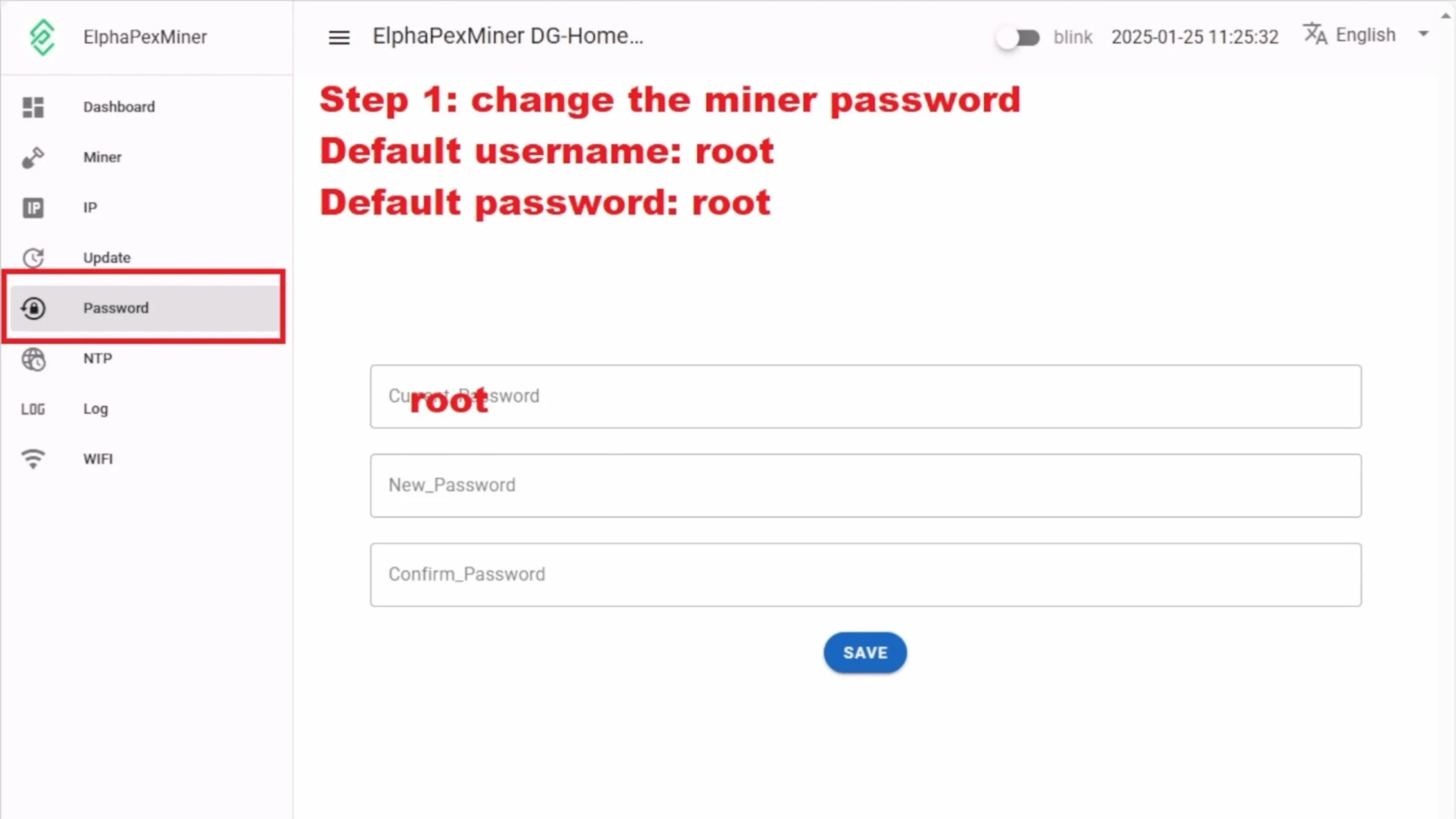 Accede al panel del ASIC con el nombre de usuario y la contraseña predeterminados root - 3