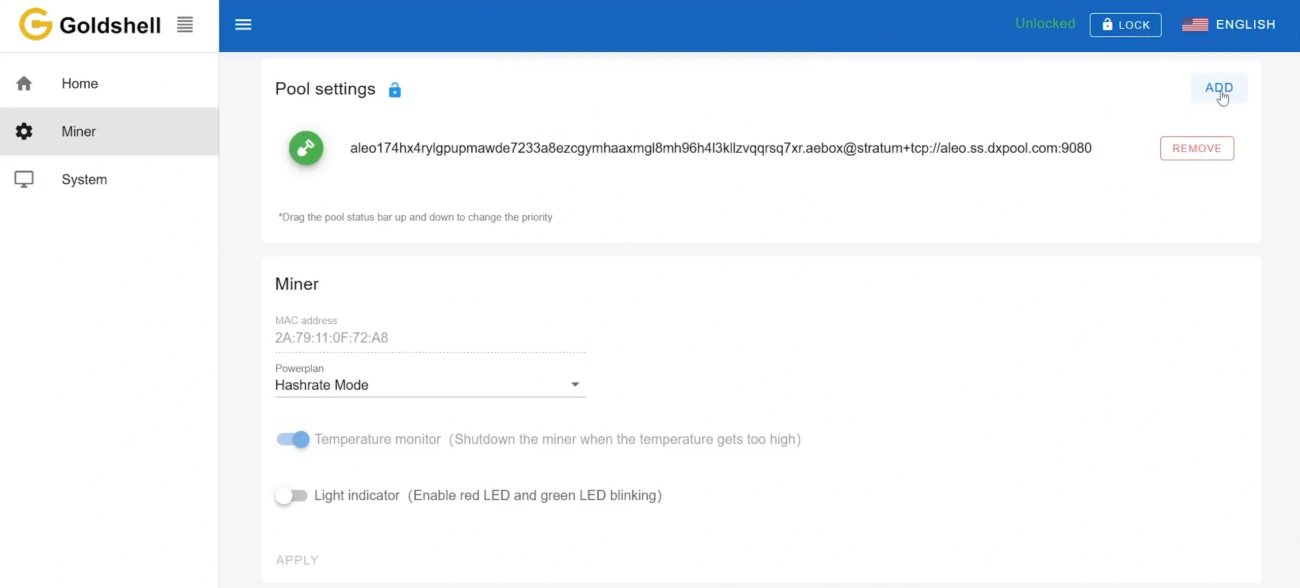 After unlocking, click Add to add the mining pool - 23