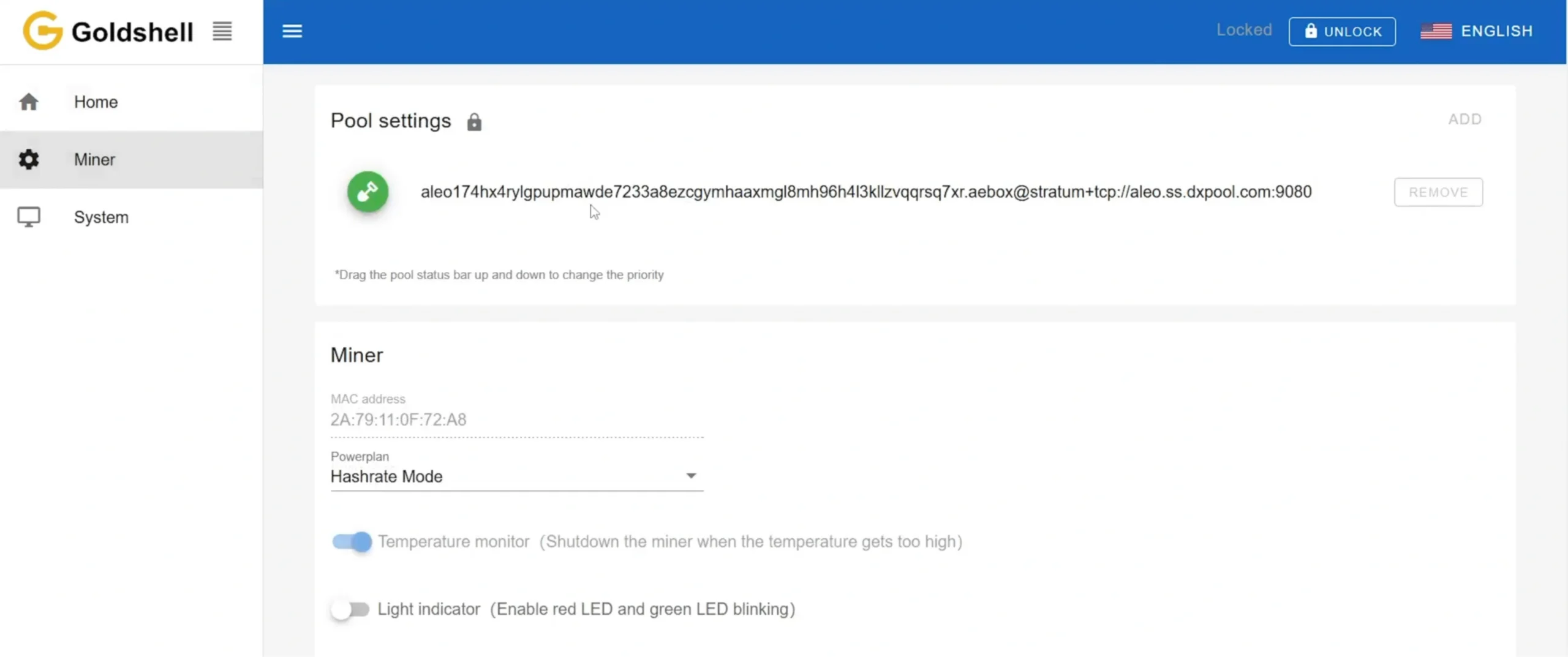 Click on the “Miner” on the settings page - 17