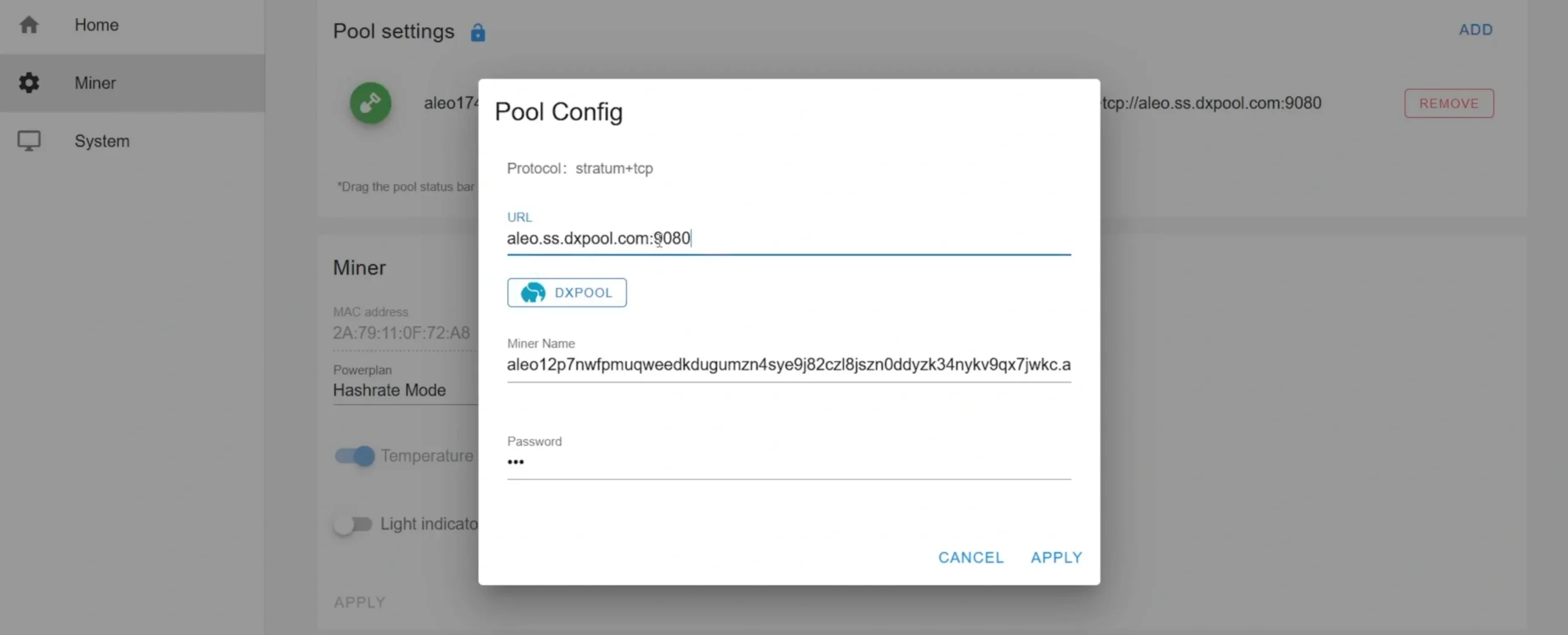 Copy the pool address, paste it into your Web GUI, and click “Apply.” - 28