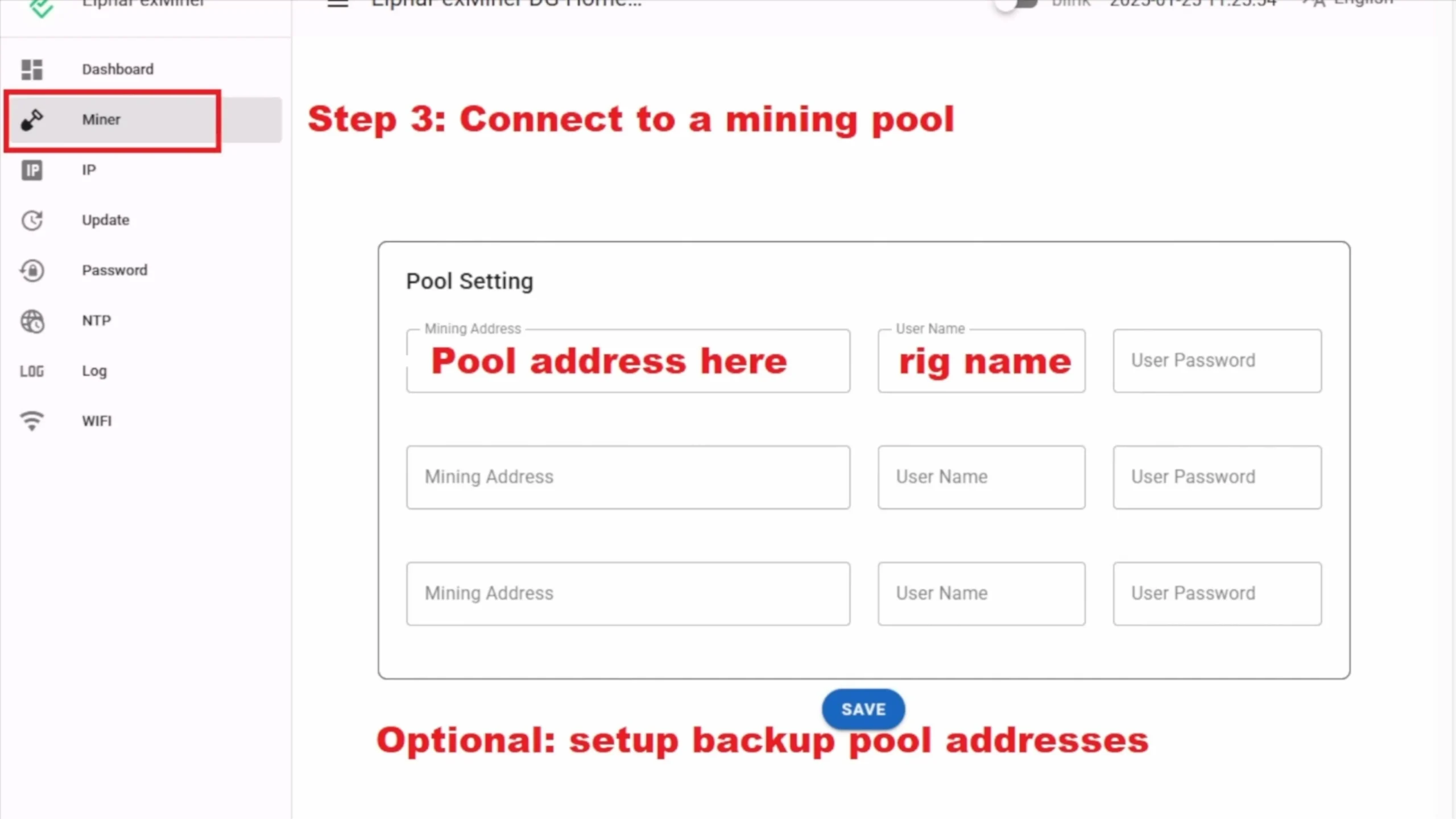 Ve a la pestaña Miner en el panel para añadir el pool de mineria - 7