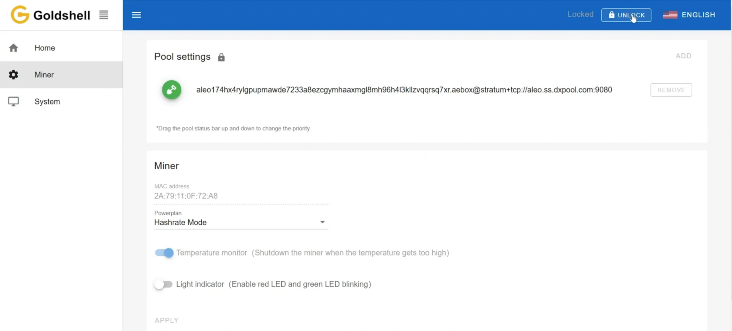 Go to the miner's Web GUI and click Unlock - 21