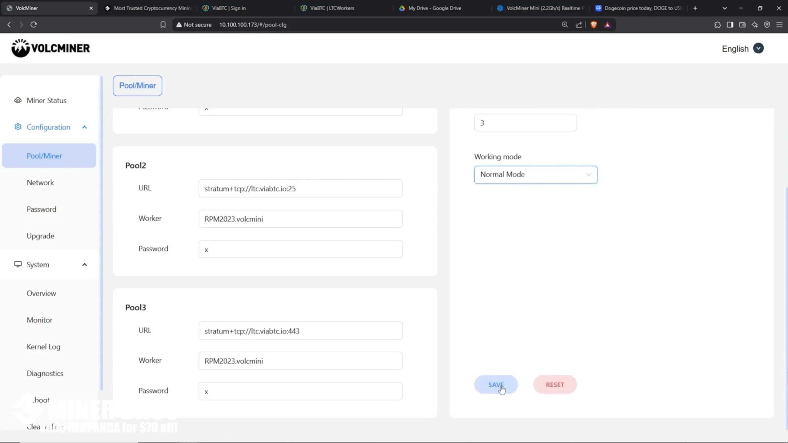 Click Save, and your miner will appear on the pool dashboard in a few minutes - 22