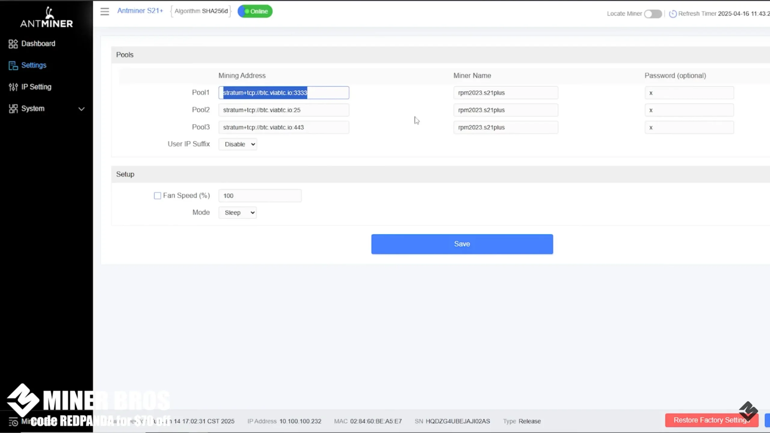 En la GUI del Antminer, ve a Configuración y pega la dirección del pool.