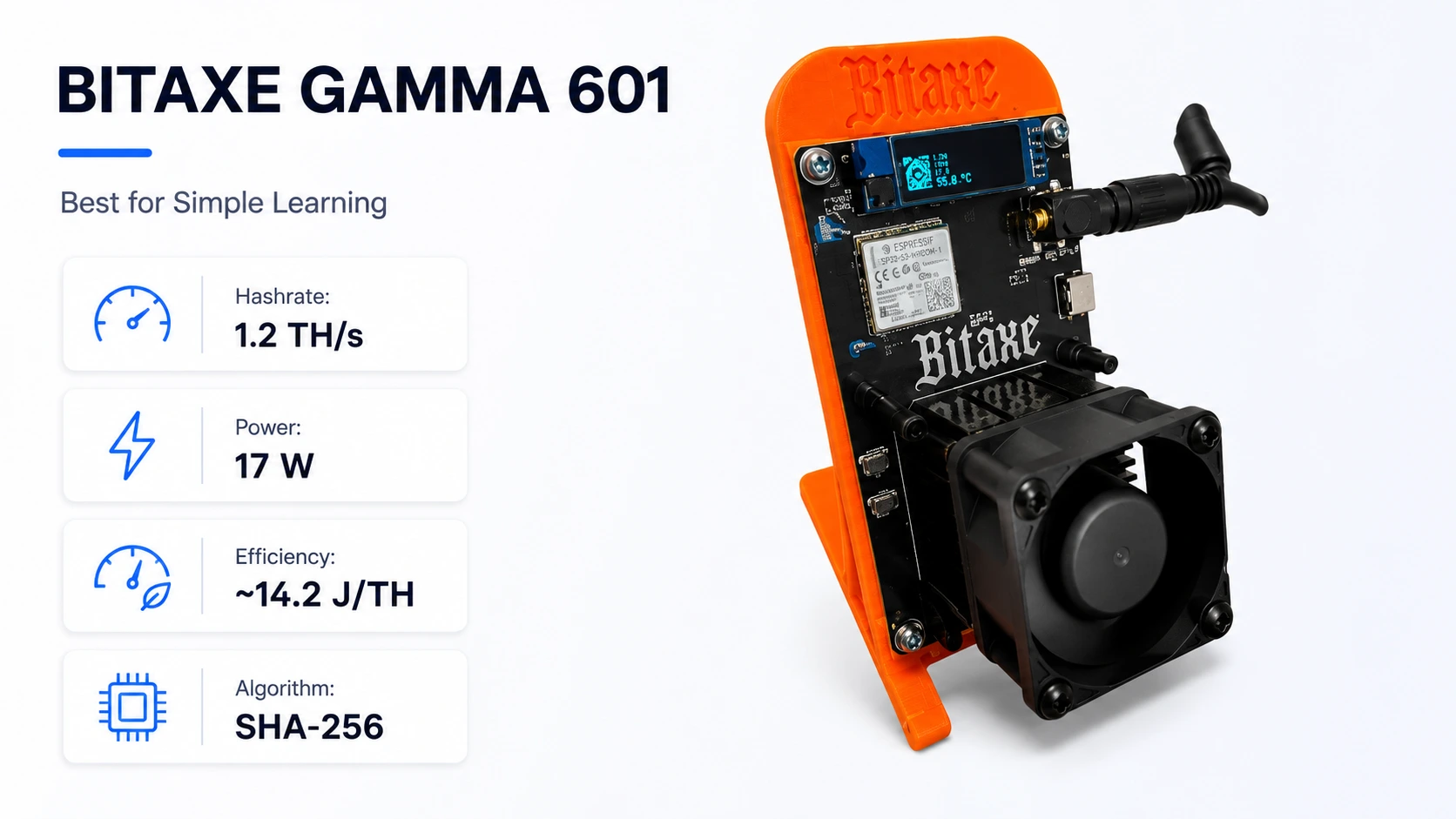 Bitaxe Gamma 601 specs-hashrate, efficiency, power